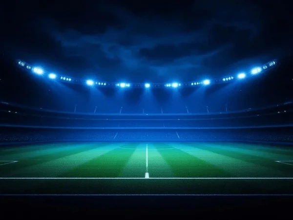 夜间足球场灯光照射下的比赛场景展示欧赔投注环境